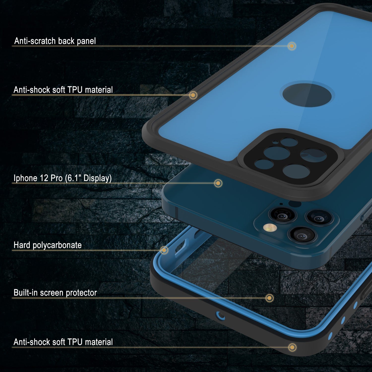 Capa à prova d'água IP68 iPhone 12 Pro, Punkcase [Azul claro] [Série StudStar] [Ajuste slim] [À prova de sujeira]