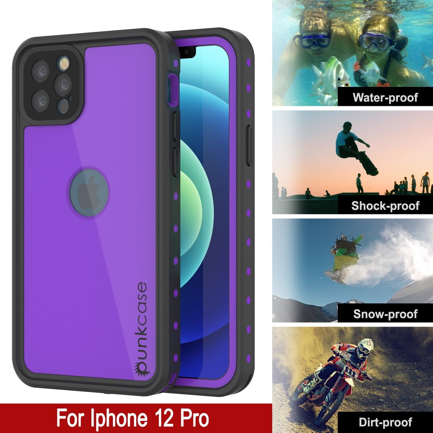 Capa à prova d'água IP68 para iPhone 12 Pro, Punkcase [Roxo] [Série StudStar] [Ajuste Slim] [Prova de sujeira]
