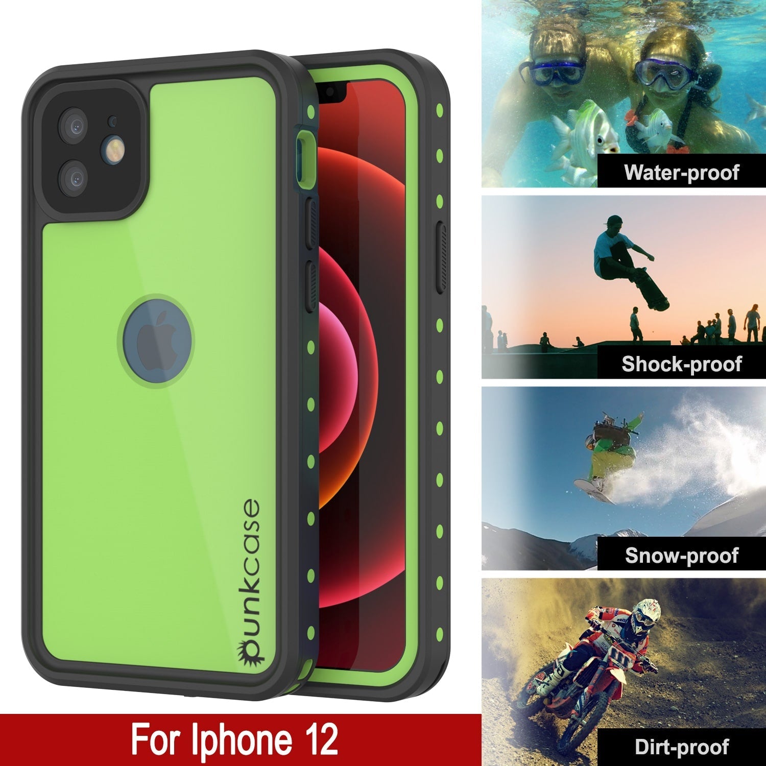 Capa à Prova d'Água IP68 para iPhone 12, Punkcase [Verde Claro] [Série StudStar] [Ajuste Slim] [À Prova de Sujeira]