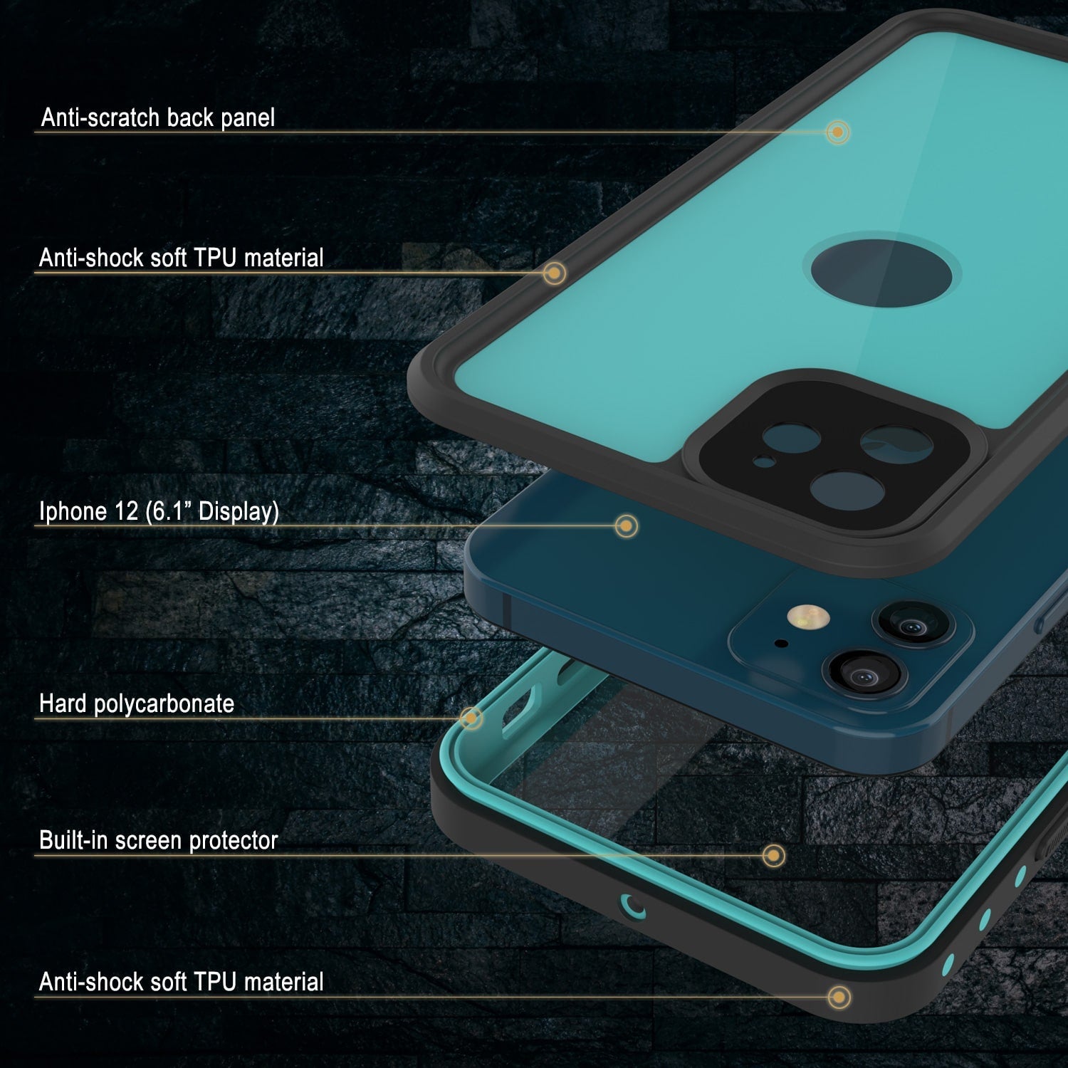 Capa à prova d'água IP68 para iPhone 12, Punkcase [Teal] [Série StudStar] [Ajuste Slim]