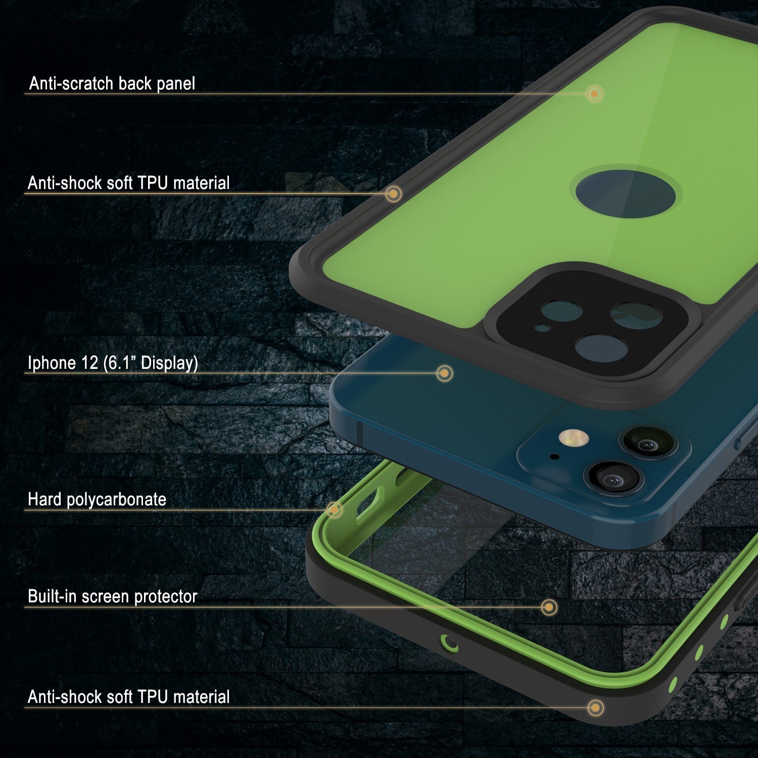 Capa à Prova d'Água IP68 para iPhone 12, Punkcase [Verde Claro] [Série StudStar] [Ajuste Slim] [À Prova de Sujeira]