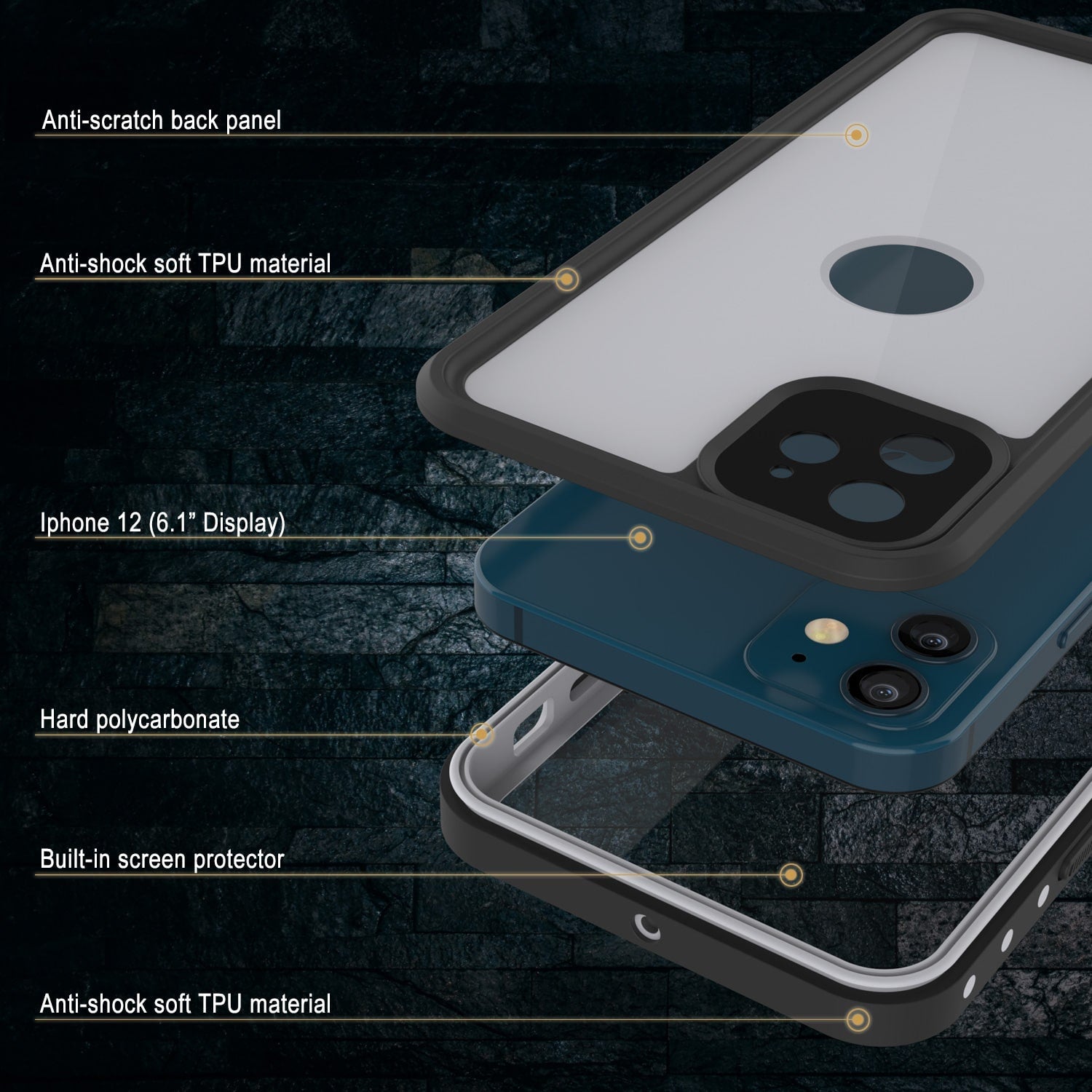 Capa à prova d'água IP68 para iPhone 12, Punkcase [Branco] [Série StudStar] [Ajuste Slim] [À prova de sujeira]