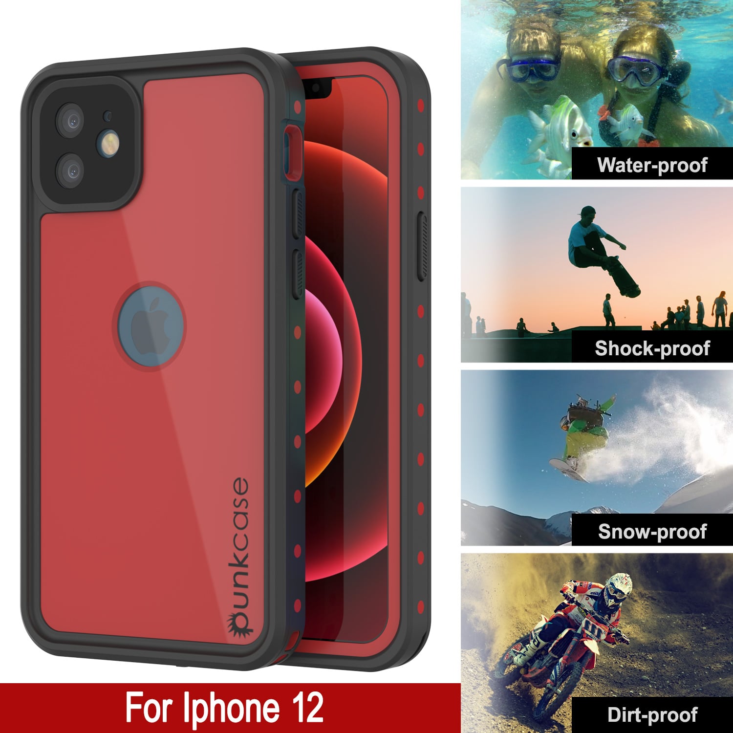 Capa à prova d'água iPhone 12 IP68, Punkcase [Vermelho] [Série StudStar] [Compatibilidade Slim]