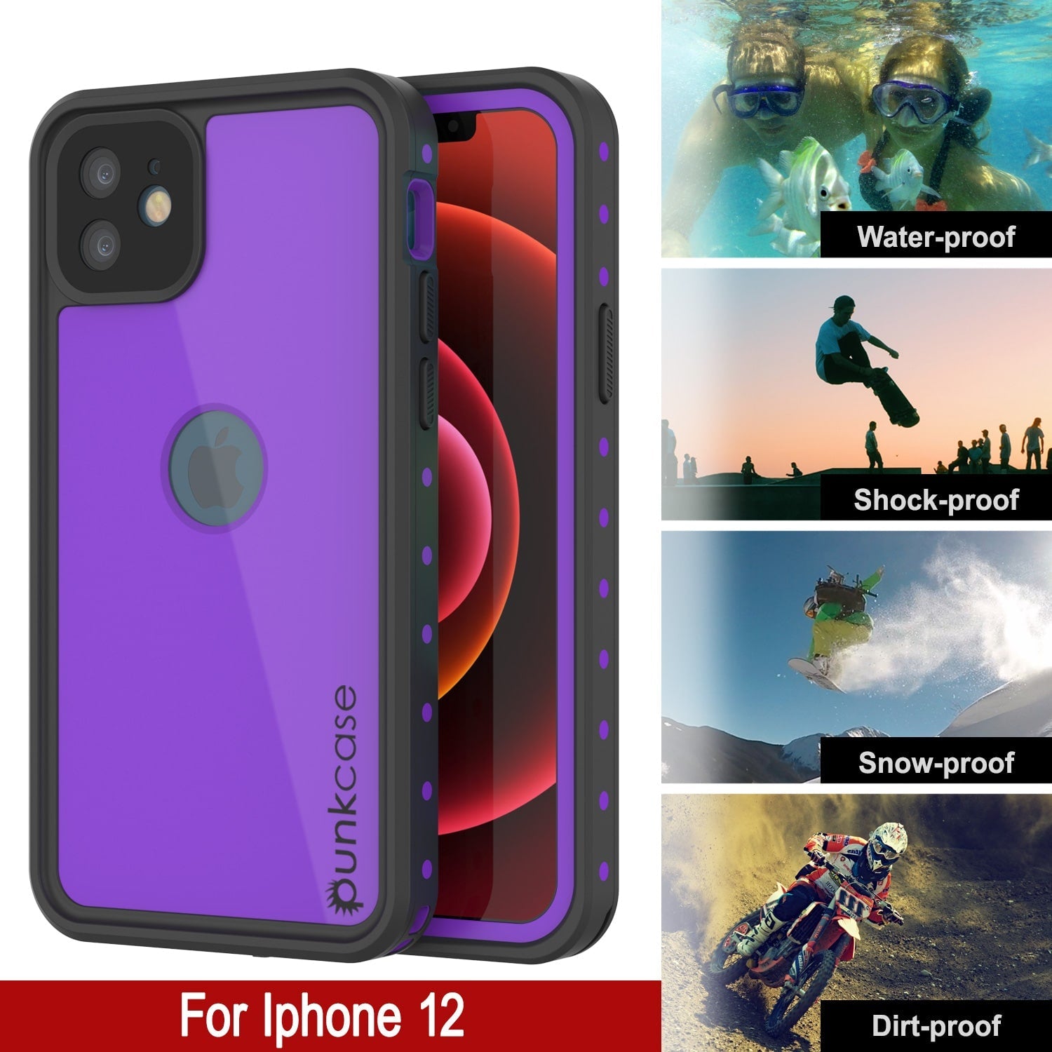 Capa à prova d'água IP68 para iPhone 12, Punkcase [Roxo] [Série StudStar] [Ajuste Slim] [Proteção contra sujeira]