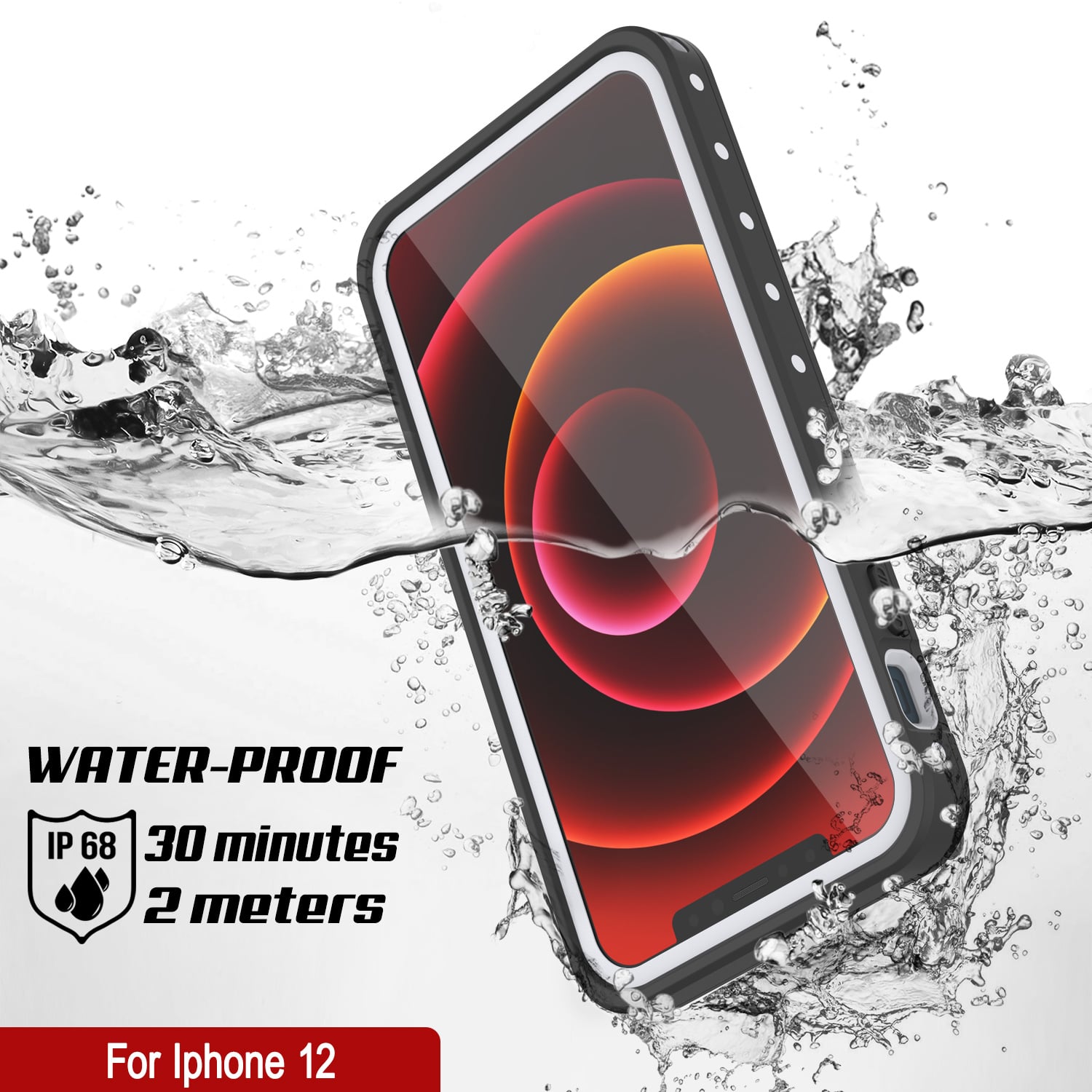 Capa à prova d'água IP68 para iPhone 12, Punkcase [Branco] [Série StudStar] [Ajuste Slim] [À prova de sujeira]
