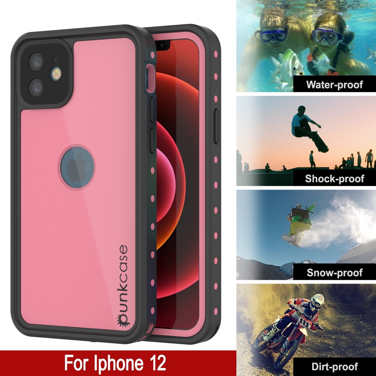 Capa à prova d'água IP68 para iPhone 12, Punkcase [Pink] [Série StudStar] [Ajuste Slim] [À prova de sujeira]