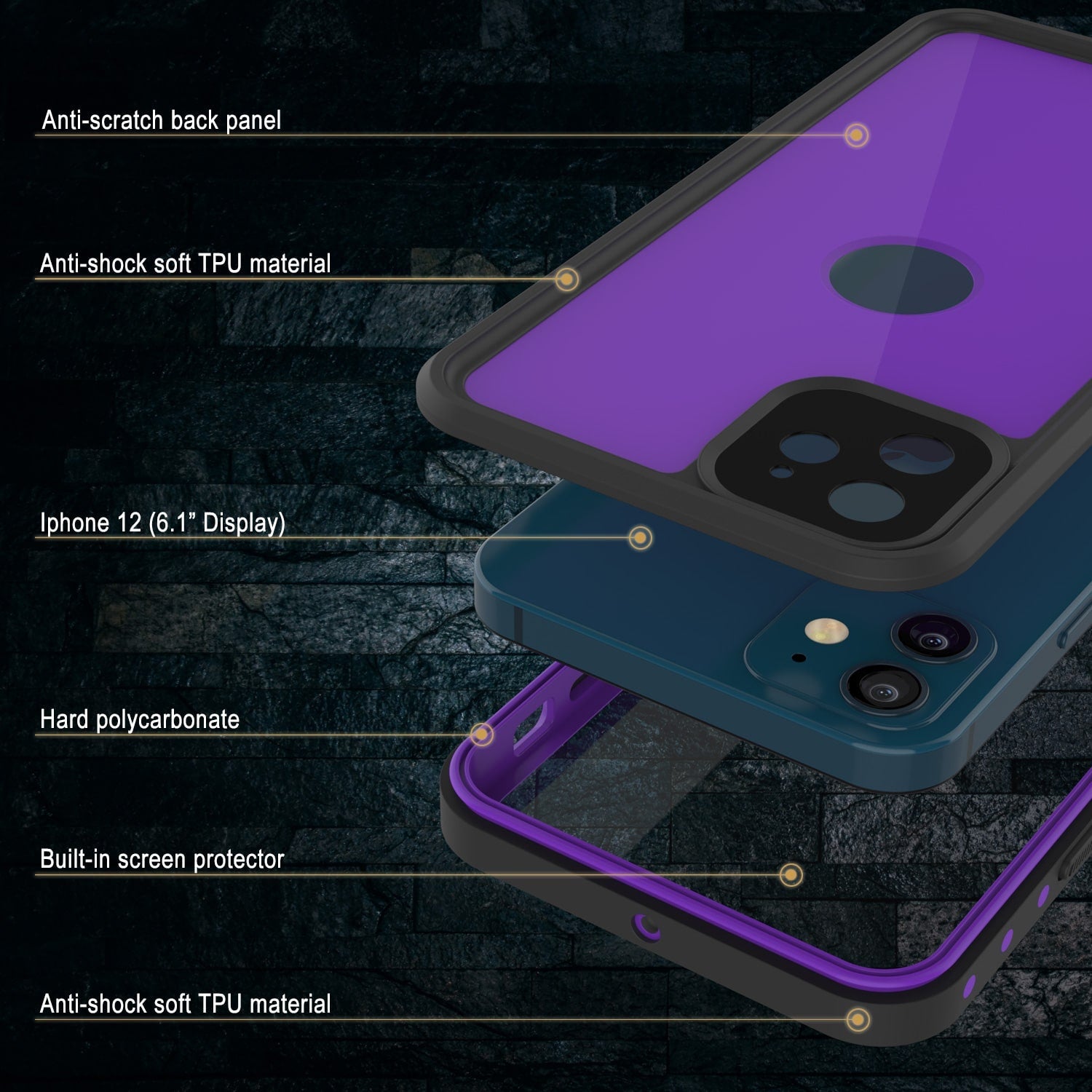 Capa à prova d'água IP68 para iPhone 12, Punkcase [Roxo] [Série StudStar] [Ajuste Slim] [Proteção contra sujeira]