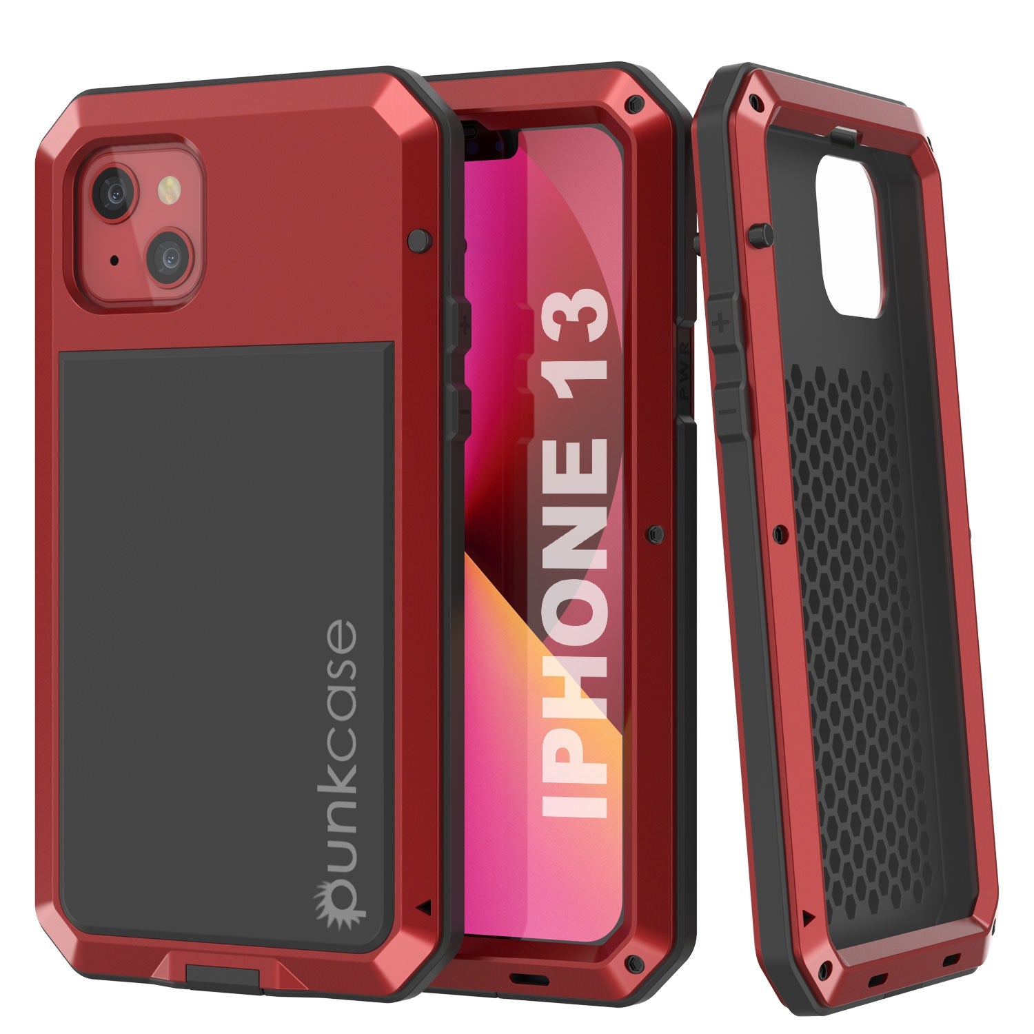 Capa de metal para iPhone 13, Capa de armadura de grau militar resistente [à prova de choque] corpo inteiro duro [vermelho]