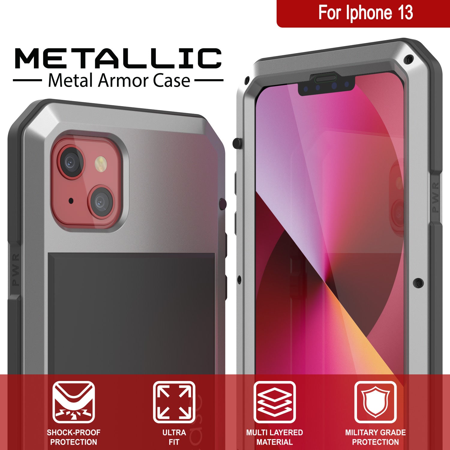 Capa de metal para iPhone 13, resistente de grau militar, à prova de choque, resistente [prata] de corpo inteiro.