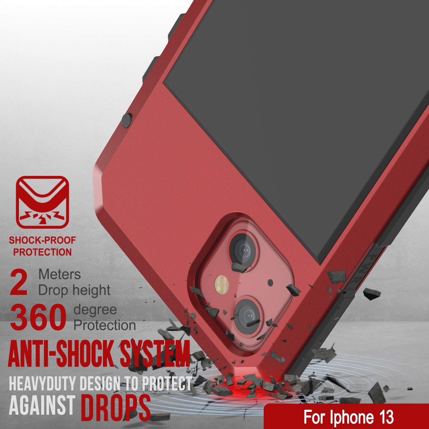 Capa de metal para iPhone 13, Capa de armadura de grau militar resistente [à prova de choque] corpo inteiro duro [vermelho]