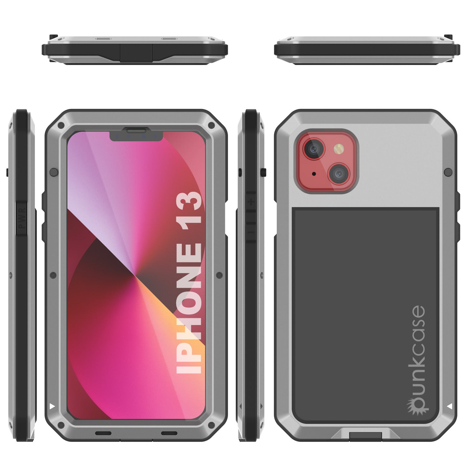 Capa de metal para iPhone 13, resistente de grau militar, à prova de choque, resistente [prata] de corpo inteiro.