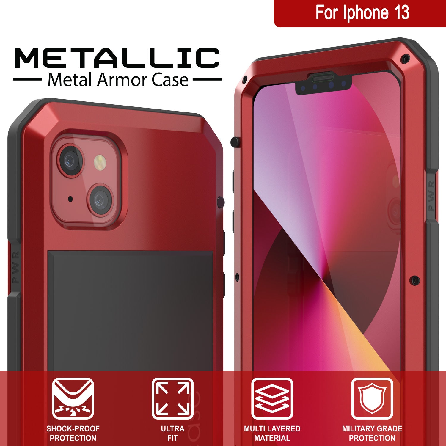 Capa de metal para iPhone 13, Capa de armadura de grau militar resistente [à prova de choque] corpo inteiro duro [vermelho]