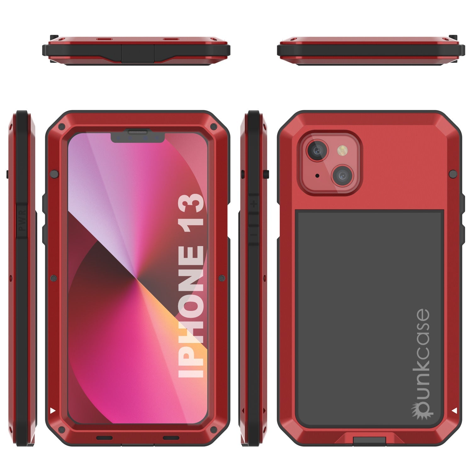 Capa de metal para iPhone 13, Capa de armadura de grau militar resistente [à prova de choque] corpo inteiro duro [vermelho]