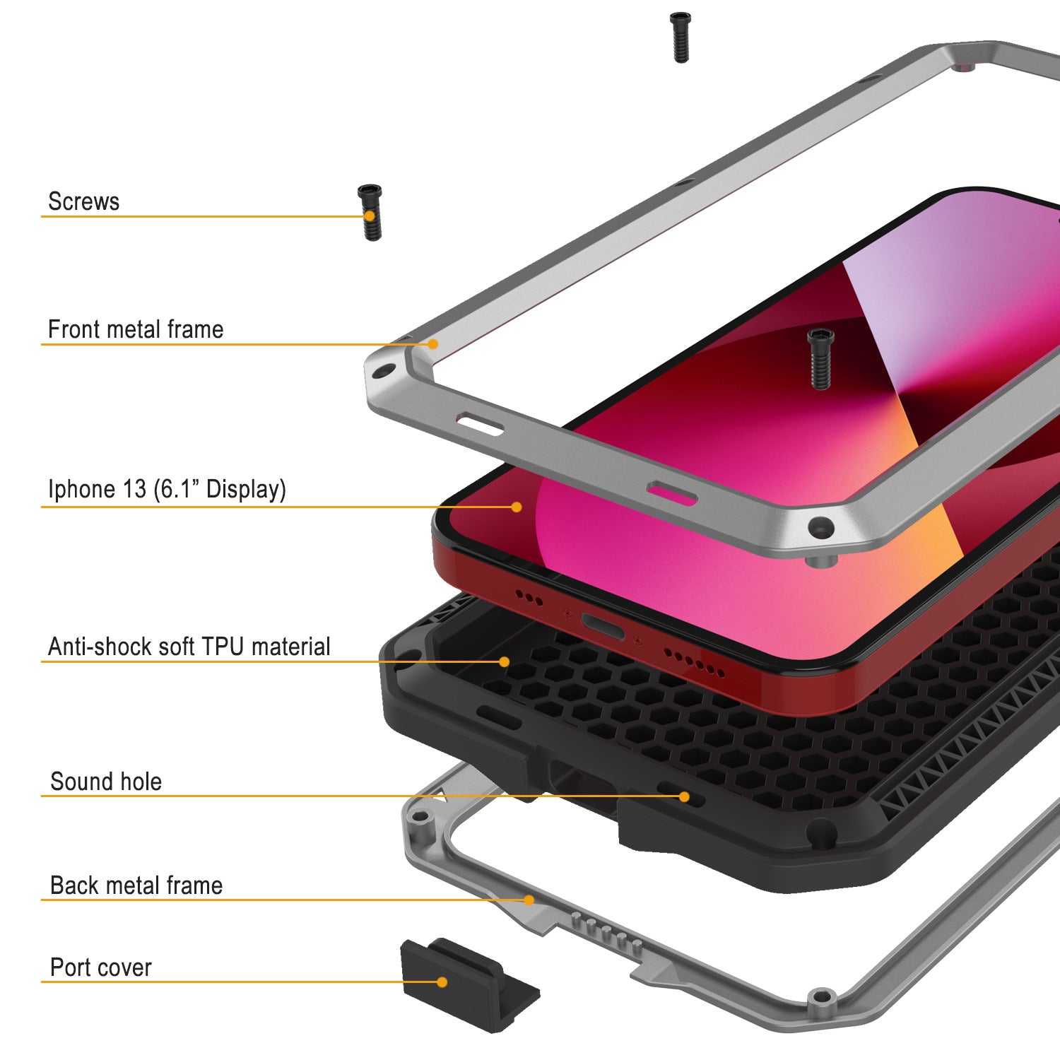 Capa de metal para iPhone 13, resistente de grau militar, à prova de choque, resistente [prata] de corpo inteiro.