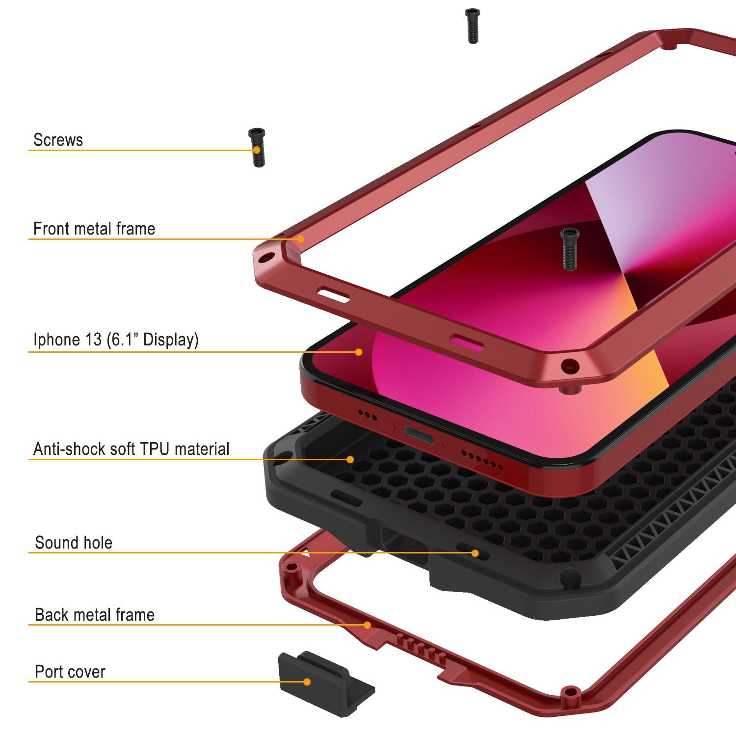Capa de metal para iPhone 13, Capa de armadura de grau militar resistente [à prova de choque] corpo inteiro duro [vermelho]