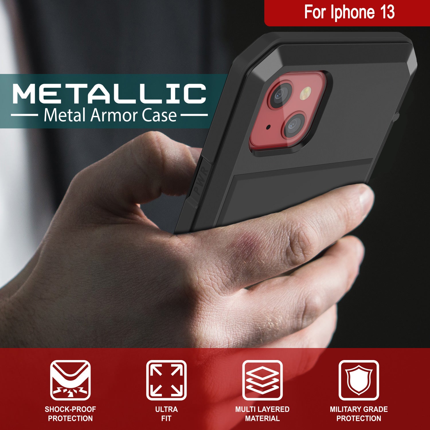 Capa de Metal para iPhone 13, Capa de Armamento de Grau Militar Resistente ao Impacto [à prova de choque] Corpo Inteiro Rígido [Preto]