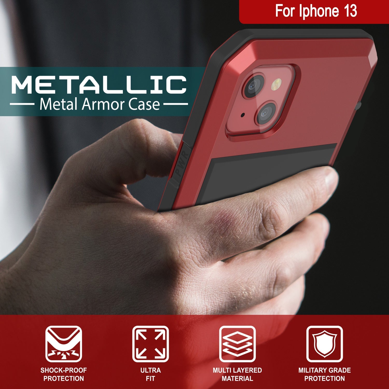 Capa de metal para iPhone 13, Capa de armadura de grau militar resistente [à prova de choque] corpo inteiro duro [vermelho]