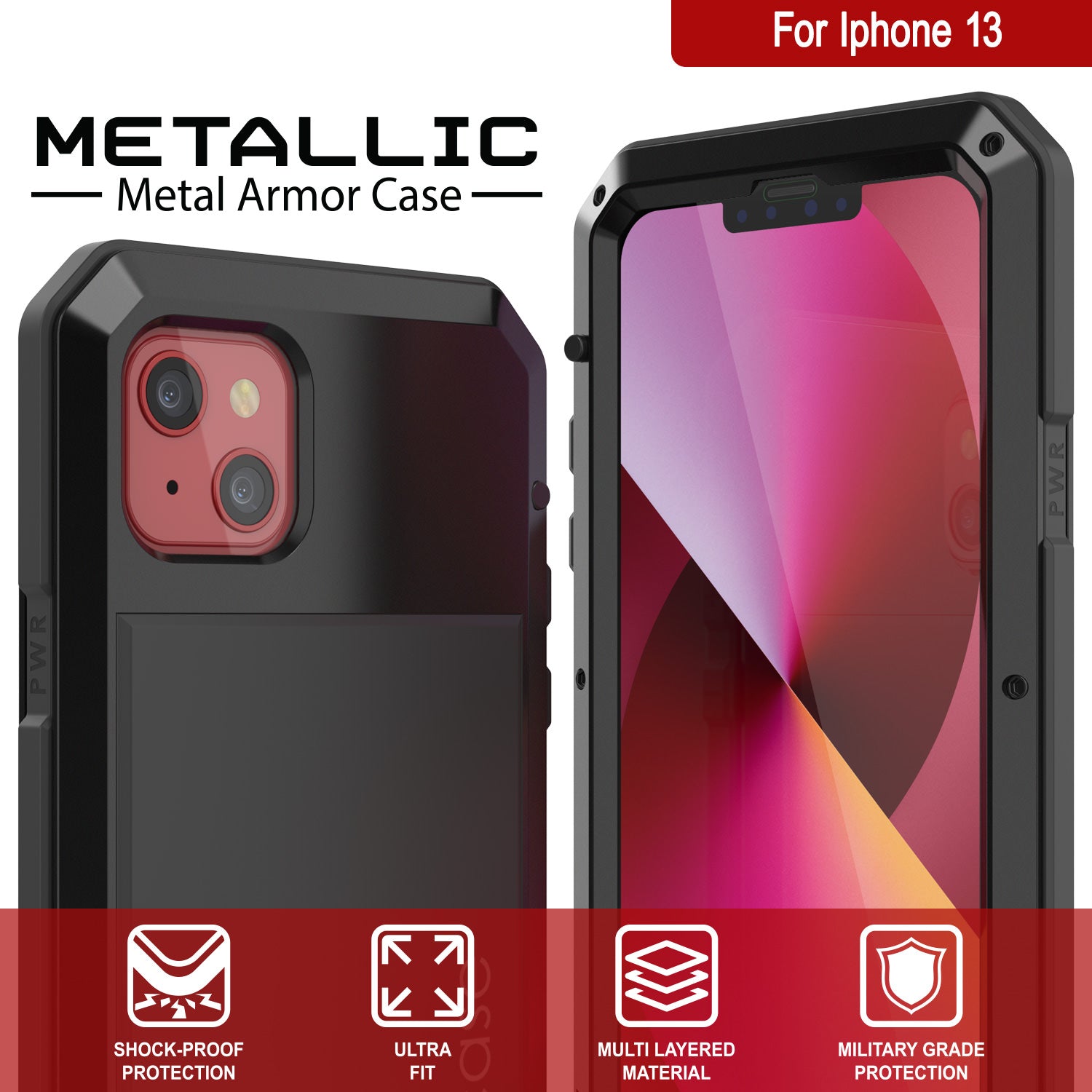 Capa de Metal para iPhone 13, Capa de Armamento de Grau Militar Resistente ao Impacto [à prova de choque] Corpo Inteiro Rígido [Preto]