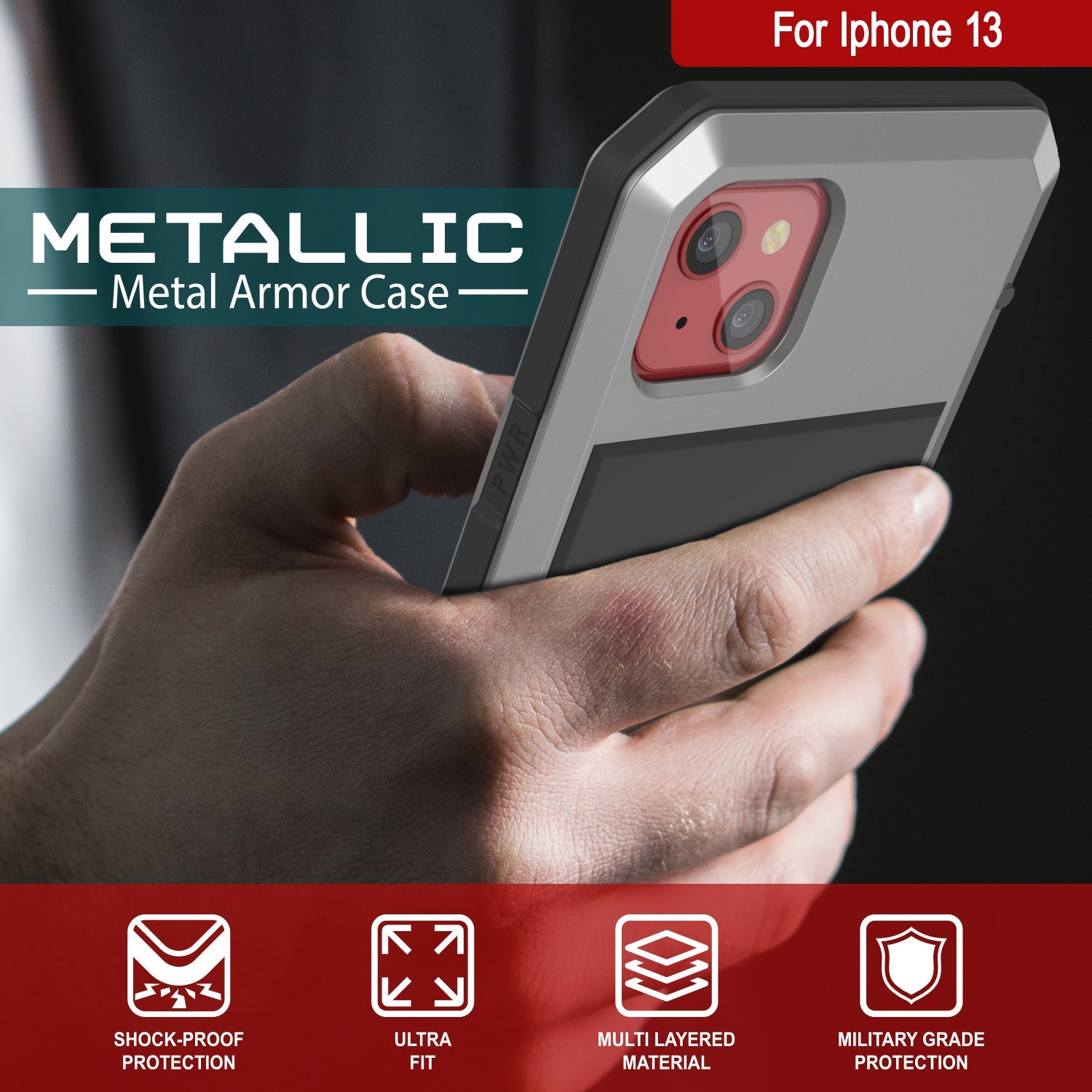 Capa de metal para iPhone 13, resistente de grau militar, à prova de choque, resistente [prata] de corpo inteiro.