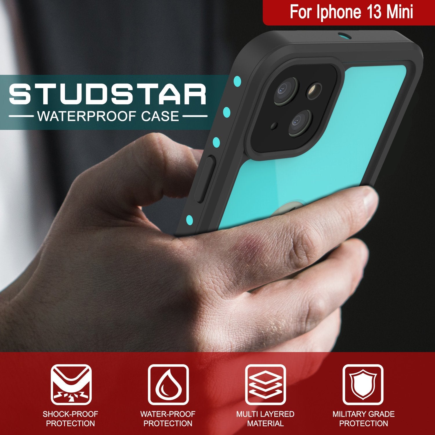 Capa à prova d'água IP68 para iPhone 13 Mini, Punkcase [Teal] [Série StudStar] [Feito Sob Medida]