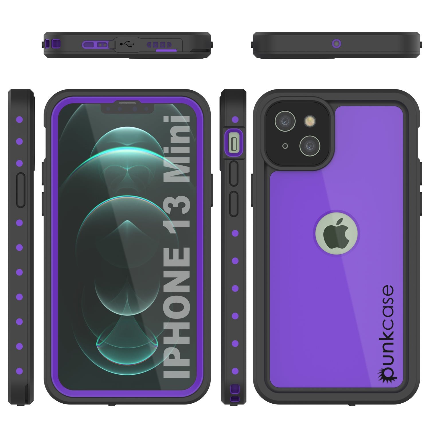 Capa à prova d'água IP68 para iPhone 13 Mini, Punkcase [Roxo] [Série StudStar] [Ajuste Slim] [Prova de sujeira]