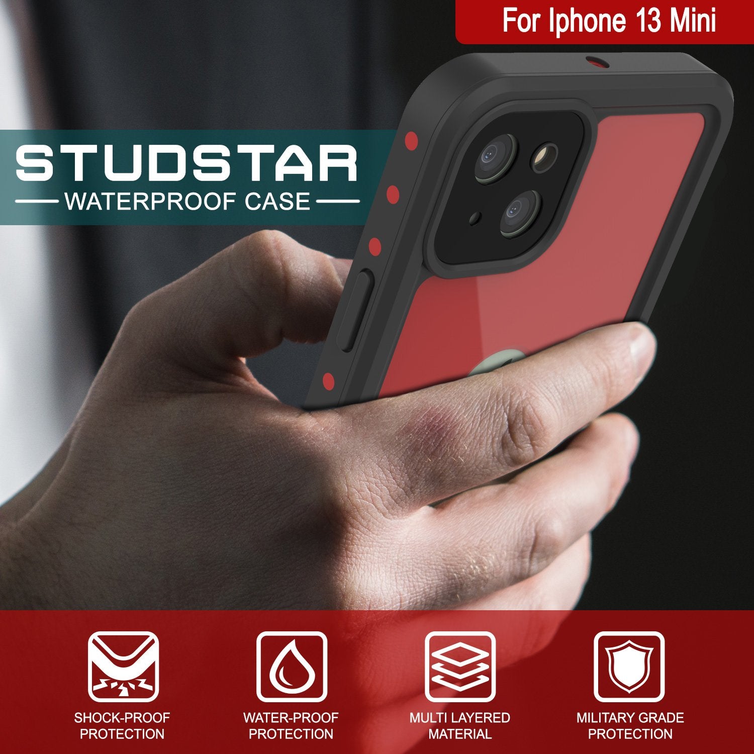 Capa à prova d'água IP68 para iPhone 13 Mini, Punkcase [Vermelho] [Série StudStar] [Ajuste Slim]