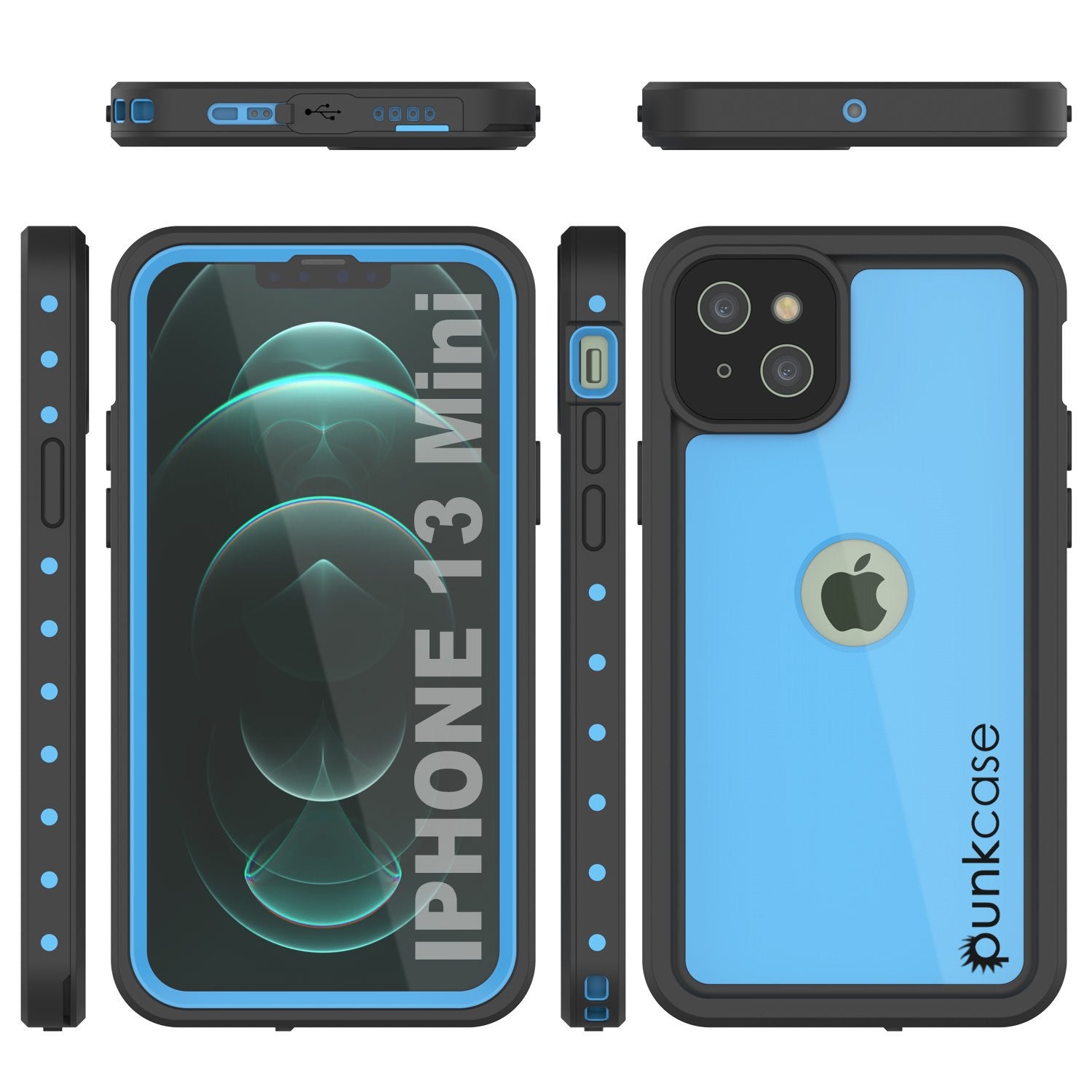Capa à Prova d'Água IP68 para iPhone 13 Mini, Punkcase [Azul Claro] [Série StudStar] [Slim Fit] [À Prova de Sujeira]