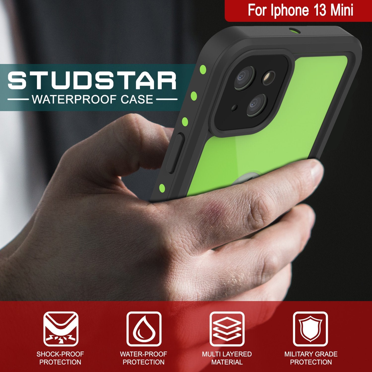 Capa À Prova D'Água IP68 para iPhone 13 Mini, Punkcase [Verde Claro] [Série StudStar] [Ajuste Slim] [À Prova de Pó]