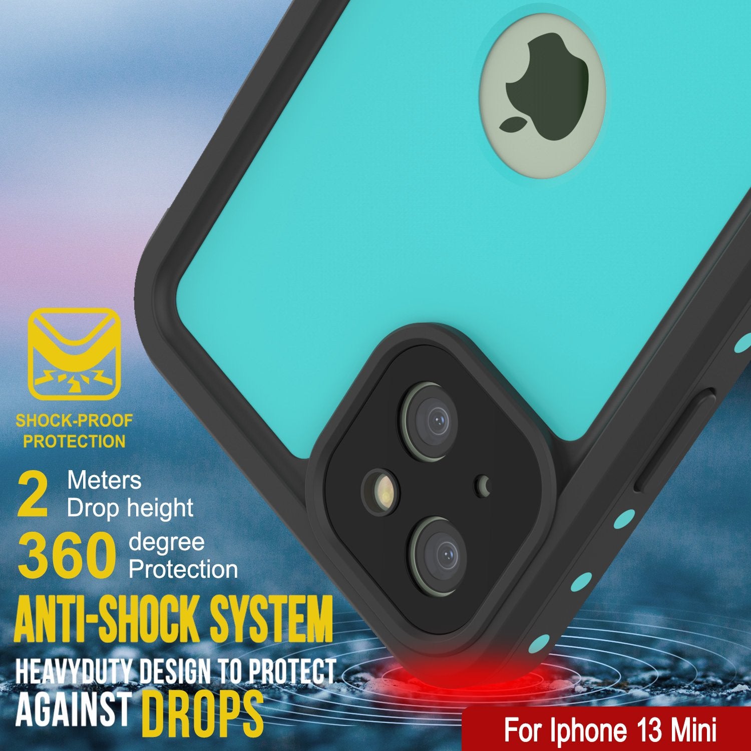 Capa à prova d'água IP68 para iPhone 13 Mini, Punkcase [Teal] [Série StudStar] [Feito Sob Medida]
