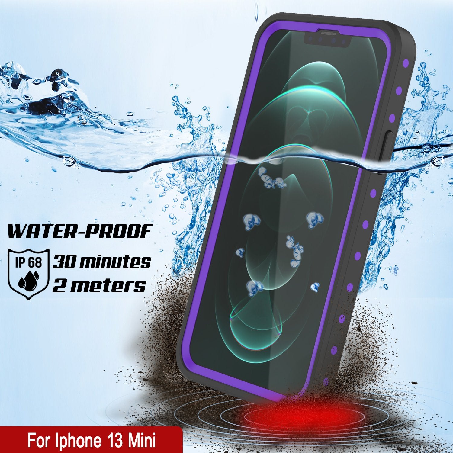 Capa à prova d'água IP68 para iPhone 13 Mini, Punkcase [Roxo] [Série StudStar] [Ajuste Slim] [Prova de sujeira]