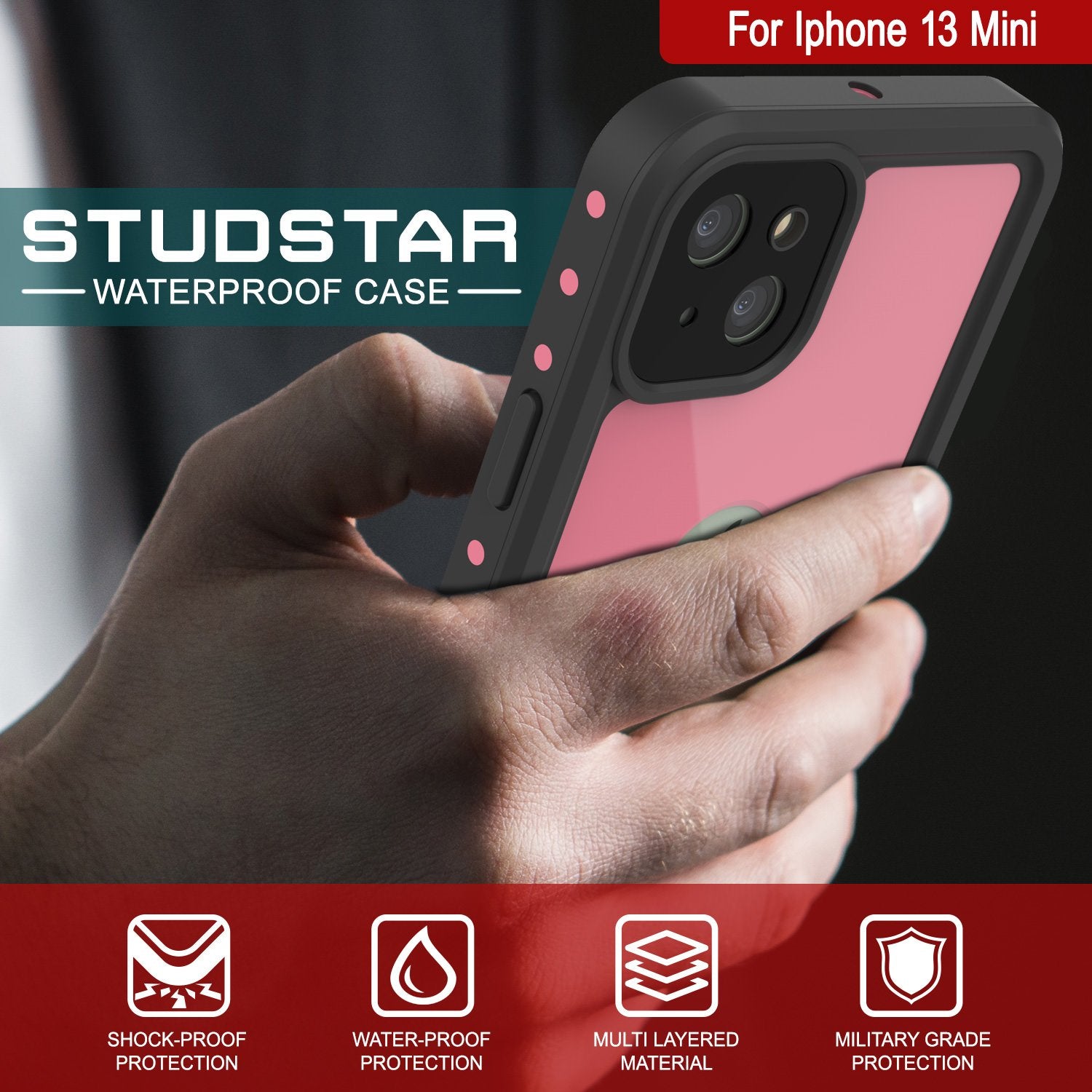 Capa iPhone 13 Mini à prova d'água IP68, Punkcase [Rosa] [Série StudStar] [Ajuste Slim] [À prova de sujeira]