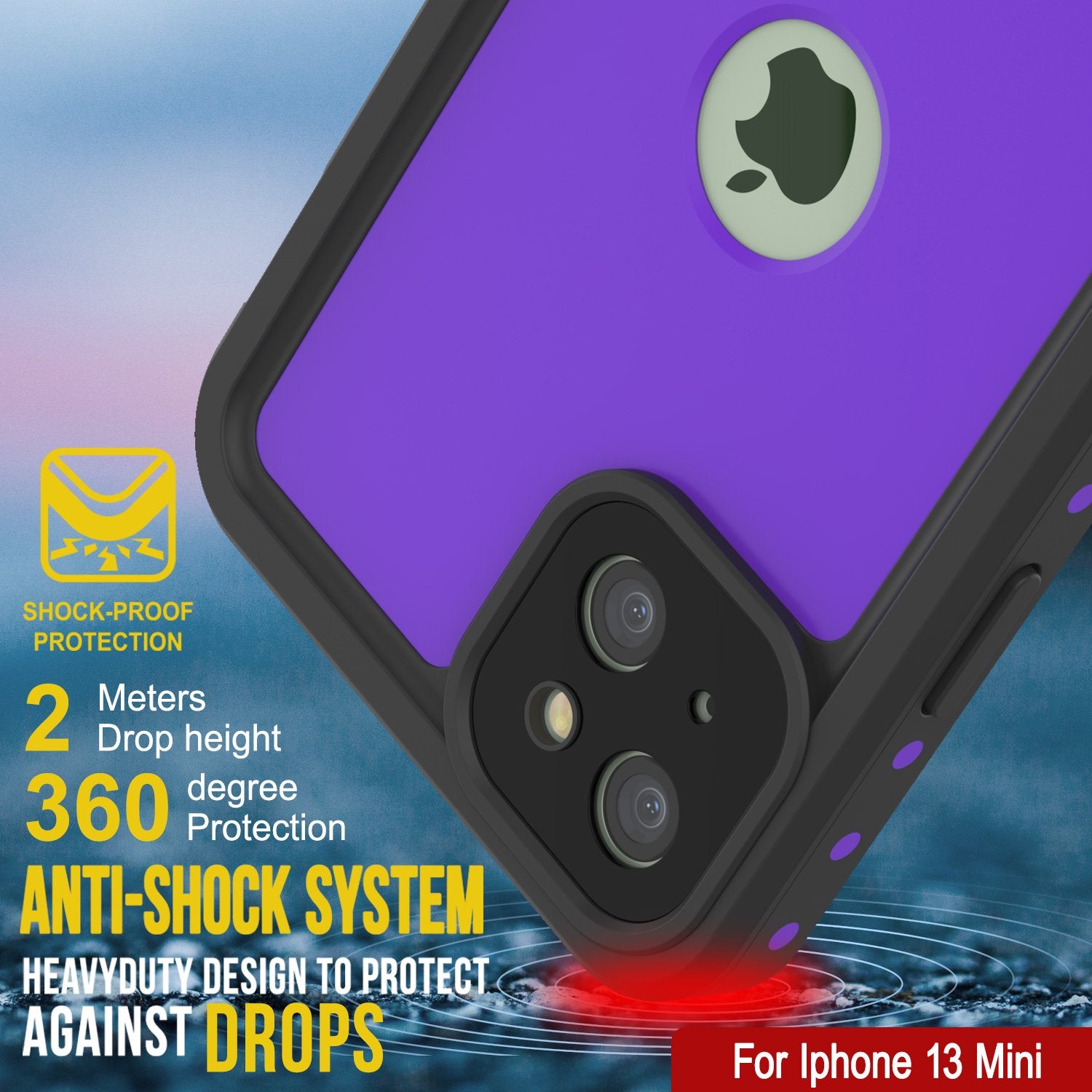 Capa à prova d'água IP68 para iPhone 13 Mini, Punkcase [Roxo] [Série StudStar] [Ajuste Slim] [Prova de sujeira]