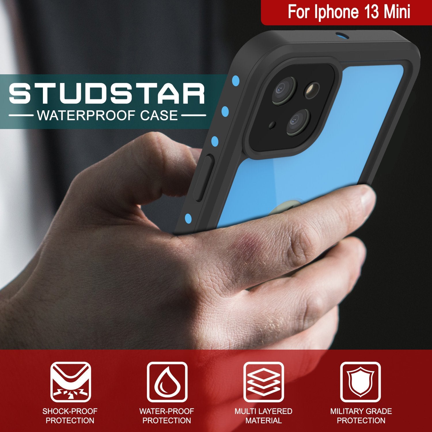 Capa à Prova d'Água IP68 para iPhone 13 Mini, Punkcase [Azul Claro] [Série StudStar] [Slim Fit] [À Prova de Sujeira]
