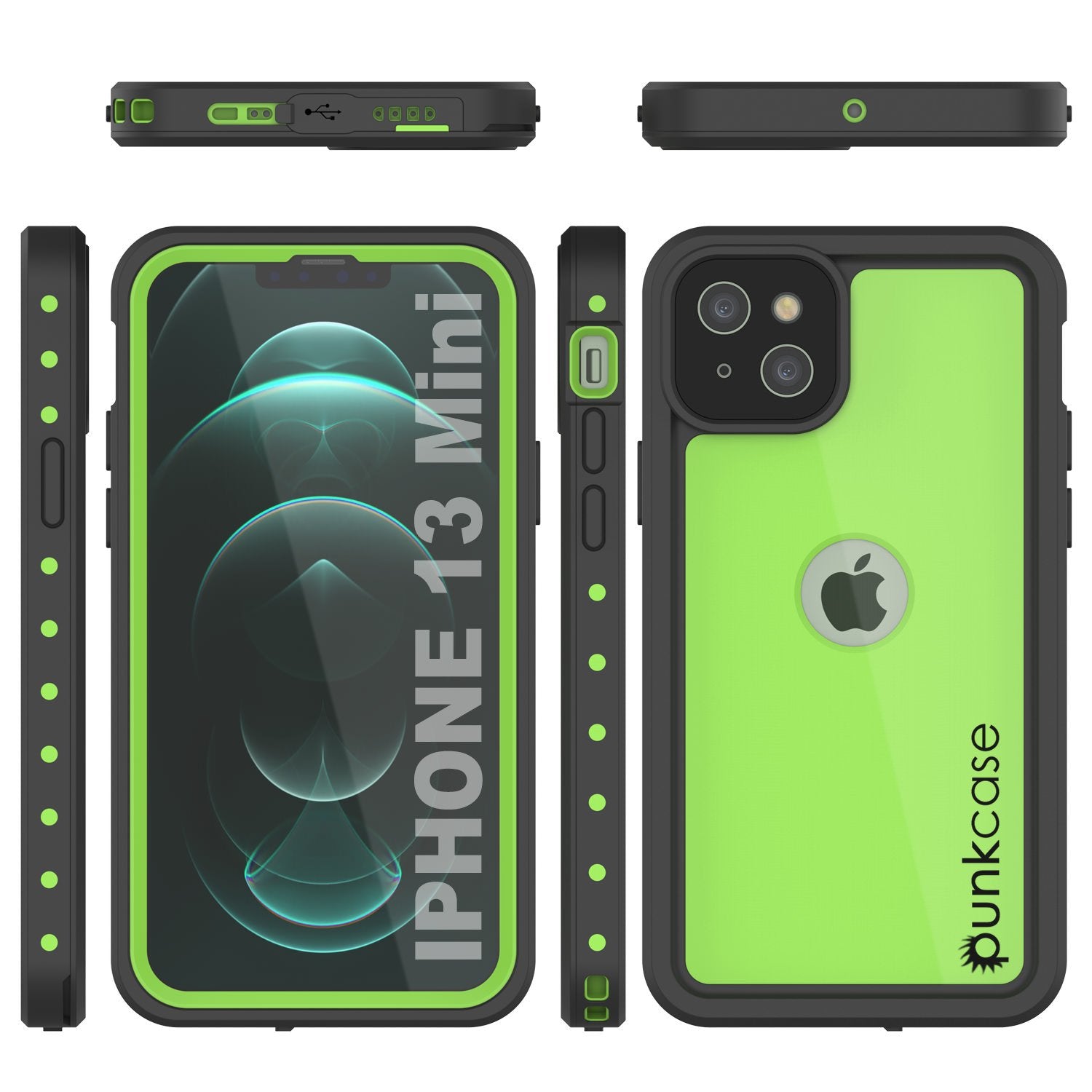 Capa À Prova D'Água IP68 para iPhone 13 Mini, Punkcase [Verde Claro] [Série StudStar] [Ajuste Slim] [À Prova de Pó]