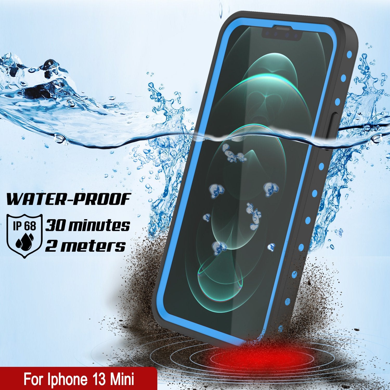 Capa à Prova d'Água IP68 para iPhone 13 Mini, Punkcase [Azul Claro] [Série StudStar] [Slim Fit] [À Prova de Sujeira]
