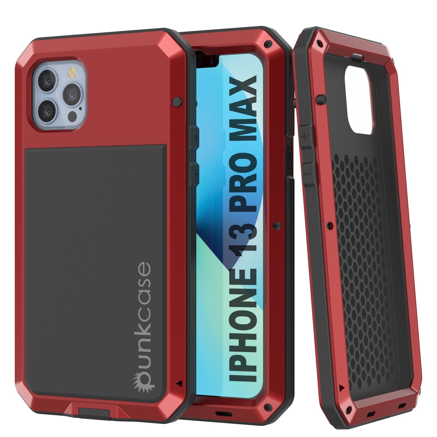 Capa de metal para iPhone 13 Pro Max, Cobertura resistente militar de grau de armadura [à prova de choque] Corpo inteiro rígido [Vermelho]