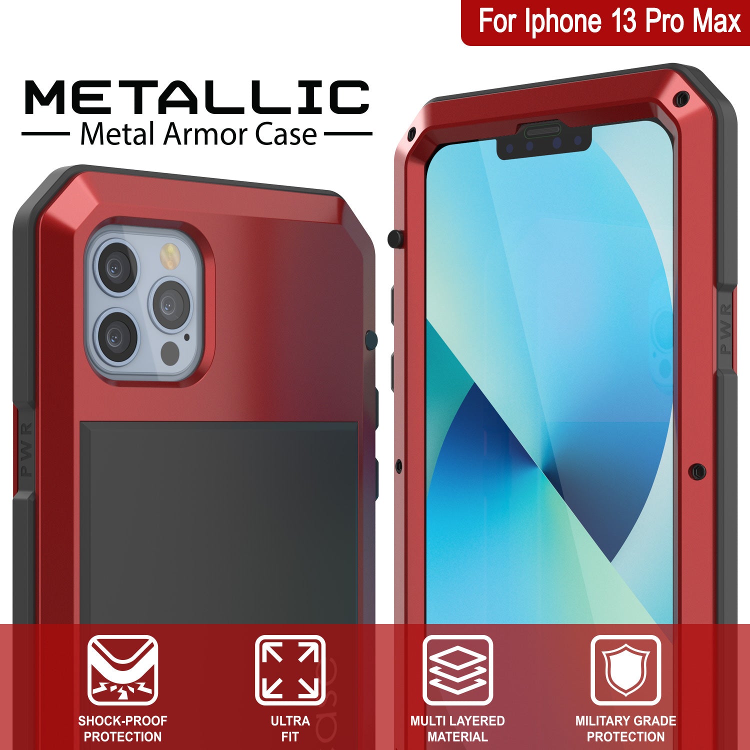 Capa de metal para iPhone 13 Pro Max, Cobertura resistente militar de grau de armadura [à prova de choque] Corpo inteiro rígido [Vermelho]