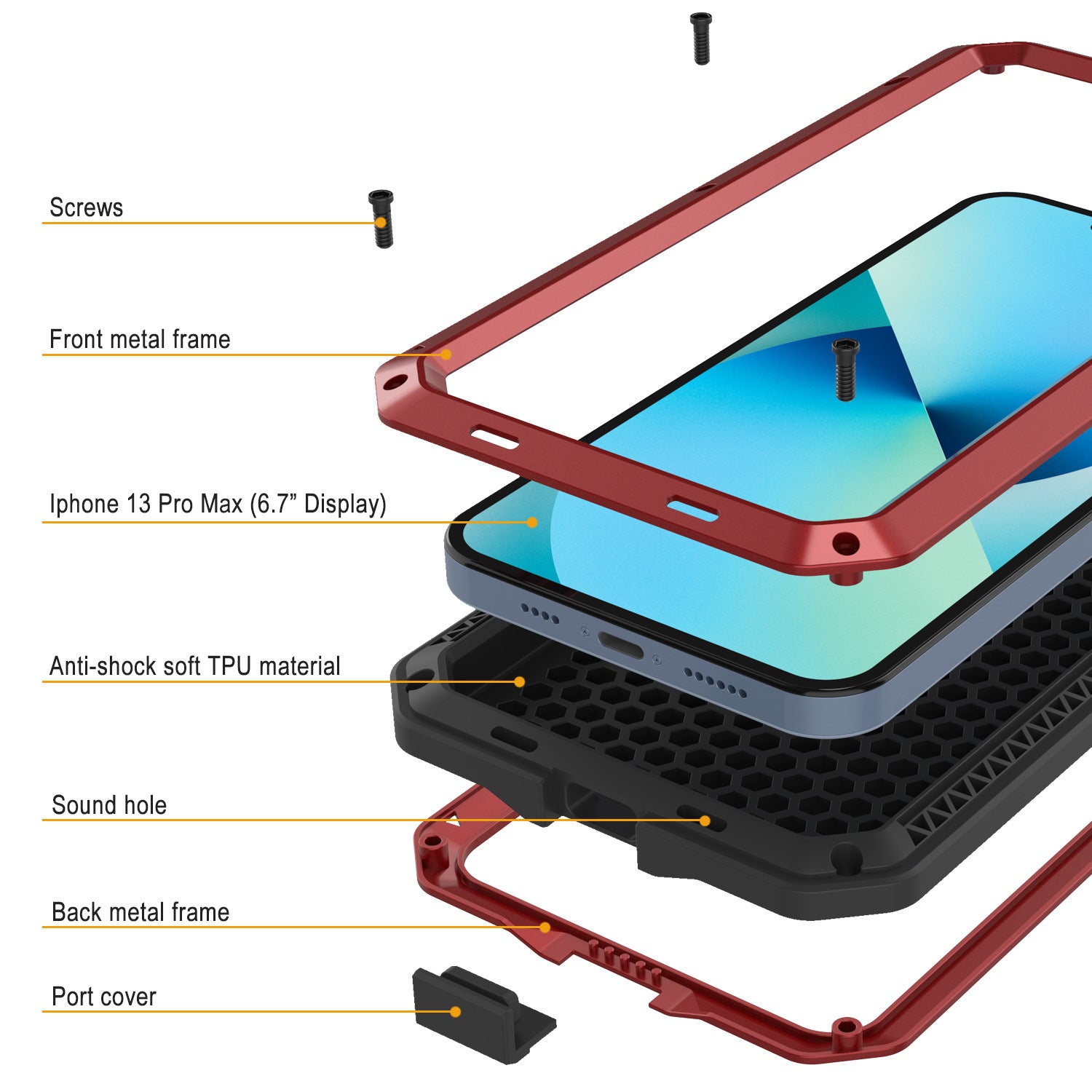 Capa de metal para iPhone 13 Pro Max, Cobertura resistente militar de grau de armadura [à prova de choque] Corpo inteiro rígido [Vermelho]