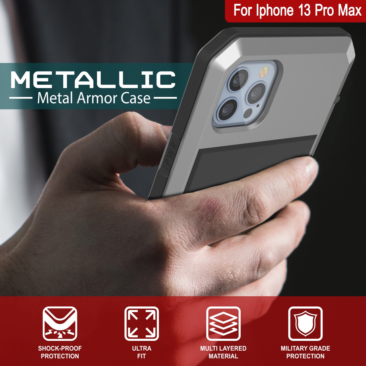 Capa de Metal iPhone 13 Pro Max, Capa de Armadura de Grau Militar Resistente [à prova de choque] Corpo Inteiro Rígido [Prata]