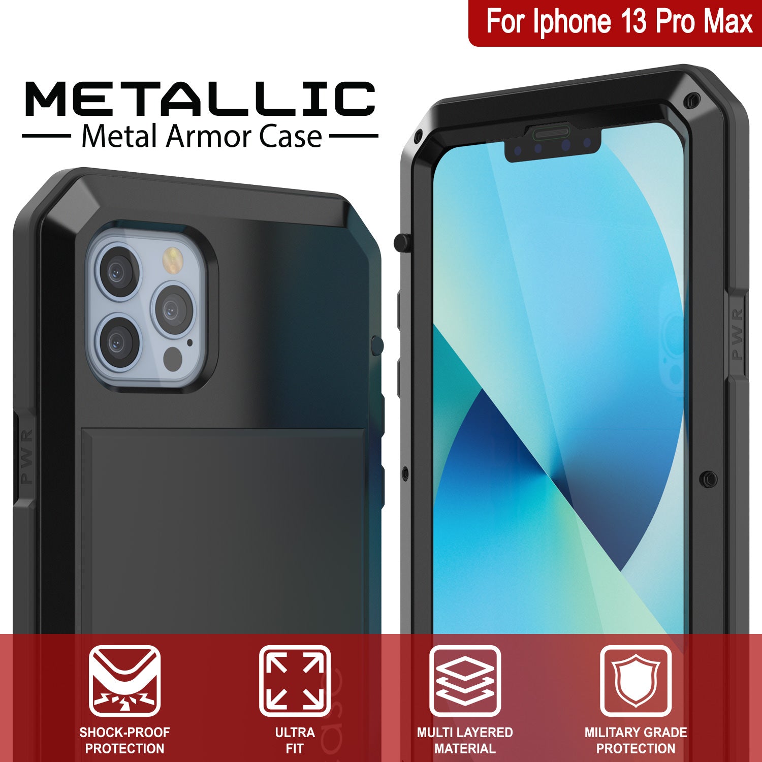 Capa de Metal para iPhone 13 Pro Max, Resistente Militar de Grau Armadura Capa [à prova de choque] Corpo Inteiro Resistente [Preto]