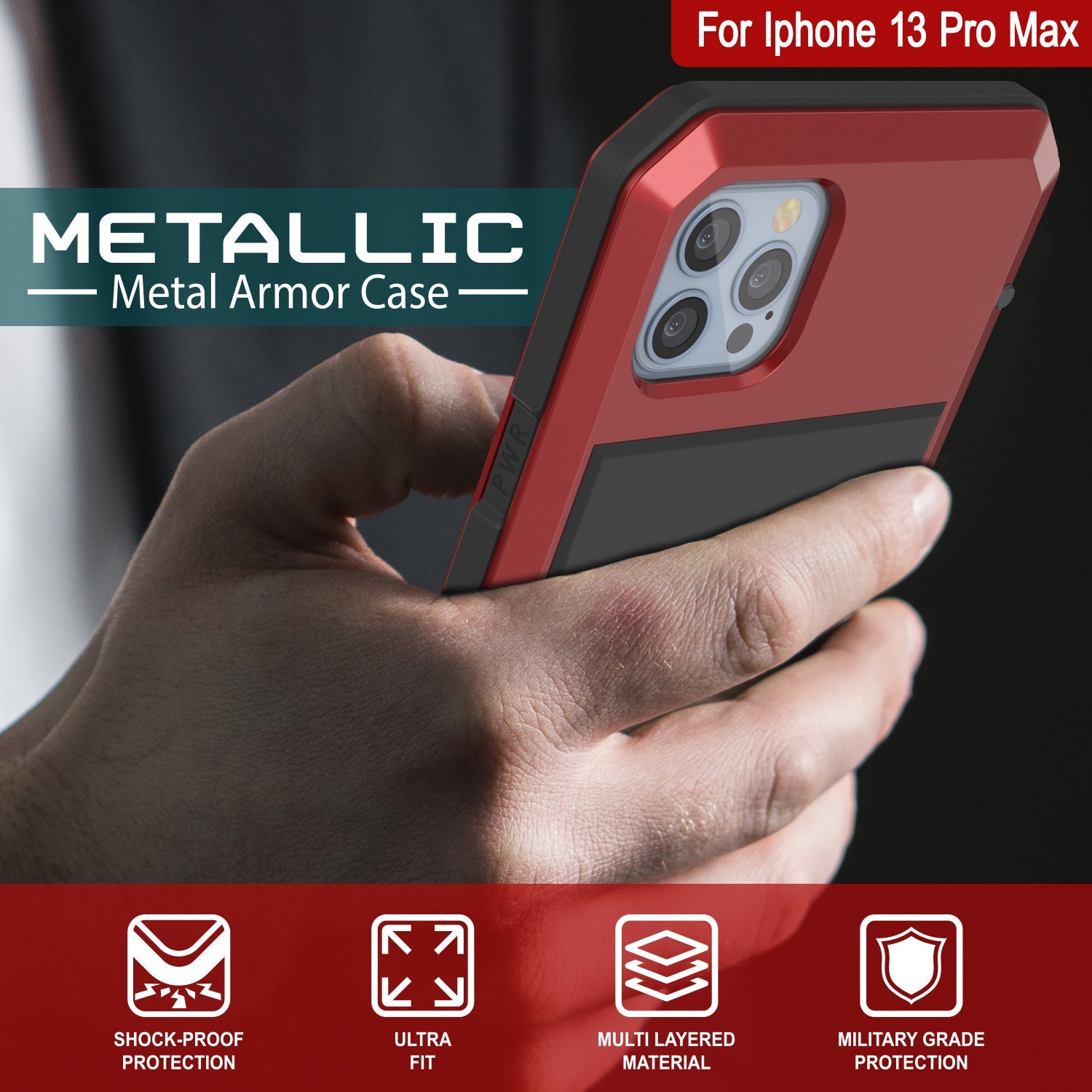 Capa de metal para iPhone 13 Pro Max, Cobertura resistente militar de grau de armadura [à prova de choque] Corpo inteiro rígido [Vermelho]