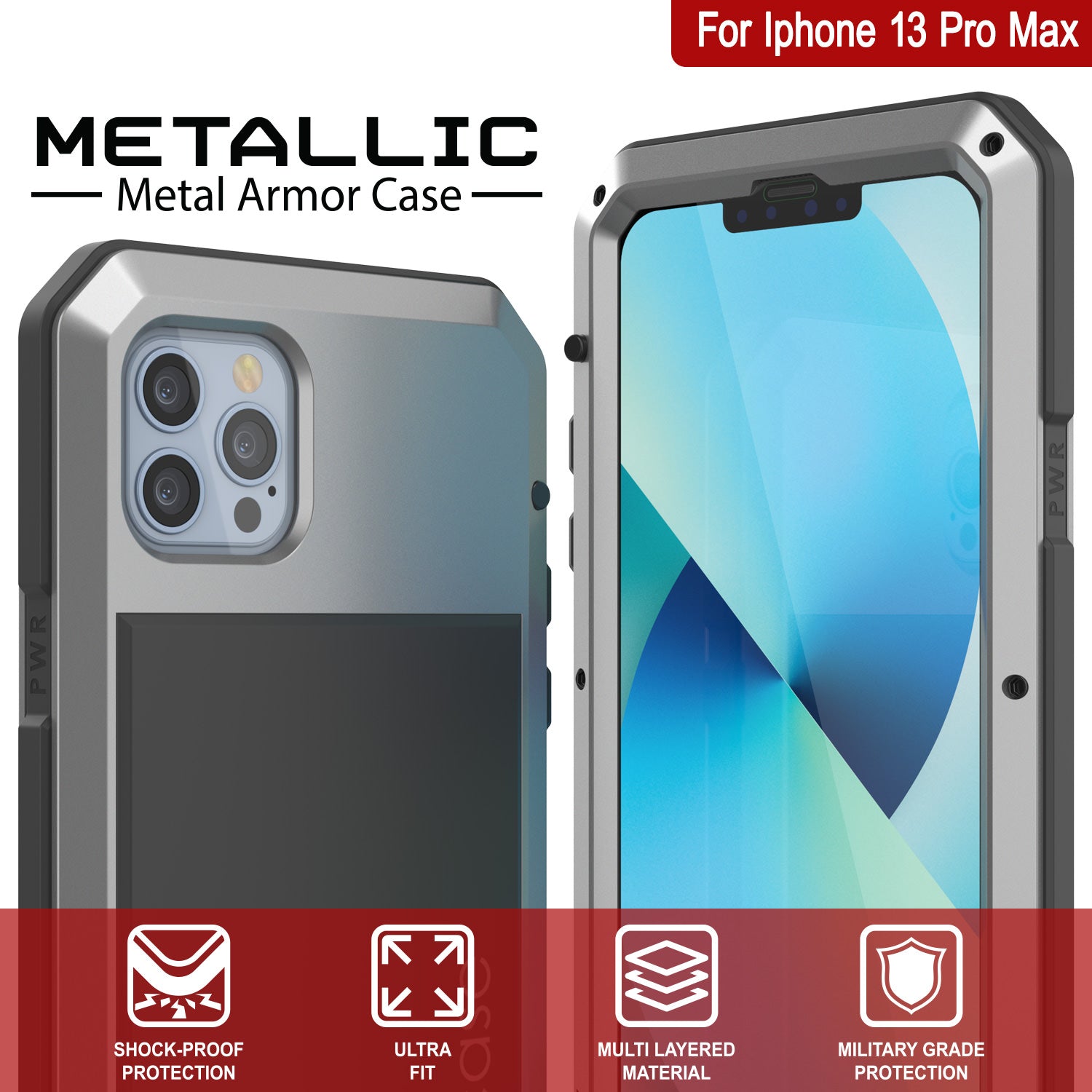 Capa de Metal iPhone 13 Pro Max, Capa de Armadura de Grau Militar Resistente [à prova de choque] Corpo Inteiro Rígido [Prata]