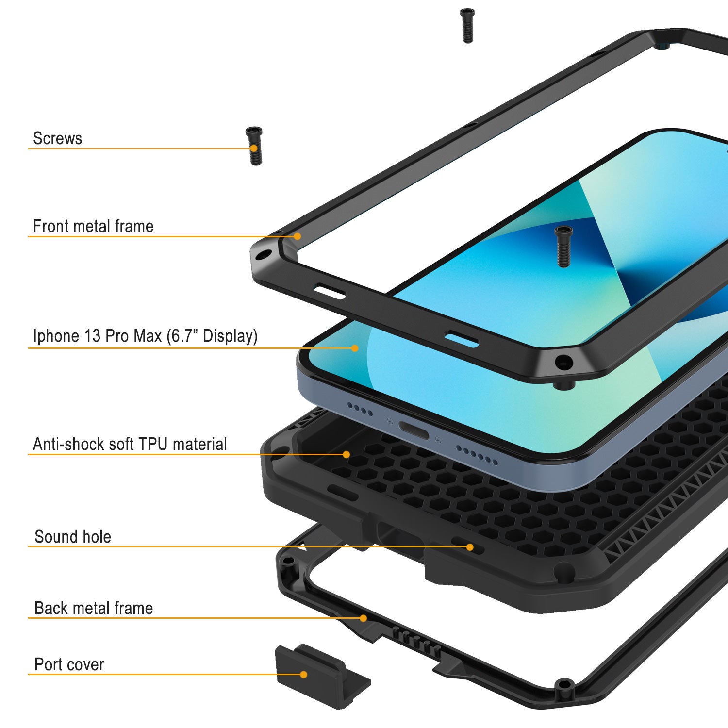 Capa de Metal para iPhone 13 Pro Max, Resistente Militar de Grau Armadura Capa [à prova de choque] Corpo Inteiro Resistente [Preto]