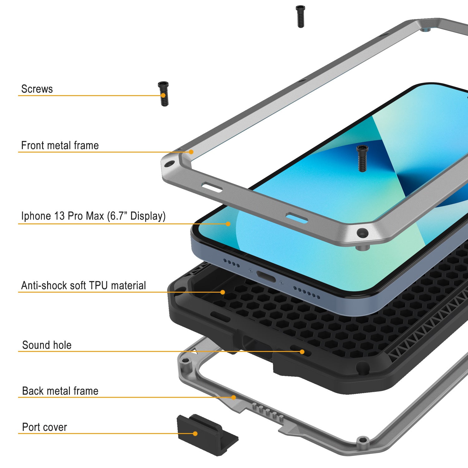 Capa de Metal iPhone 13 Pro Max, Capa de Armadura de Grau Militar Resistente [à prova de choque] Corpo Inteiro Rígido [Prata]