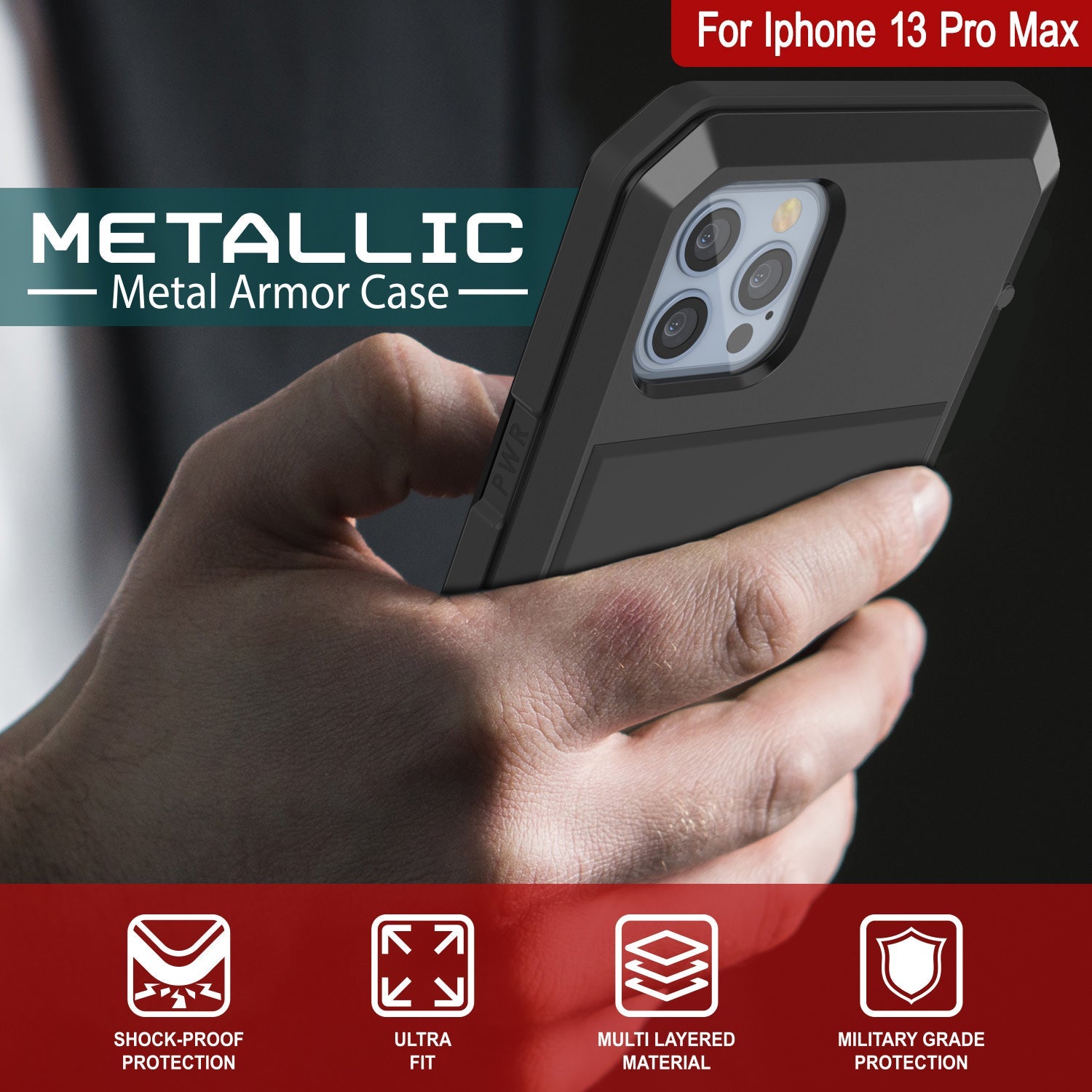 Capa de Metal para iPhone 13 Pro Max, Resistente Militar de Grau Armadura Capa [à prova de choque] Corpo Inteiro Resistente [Preto]
