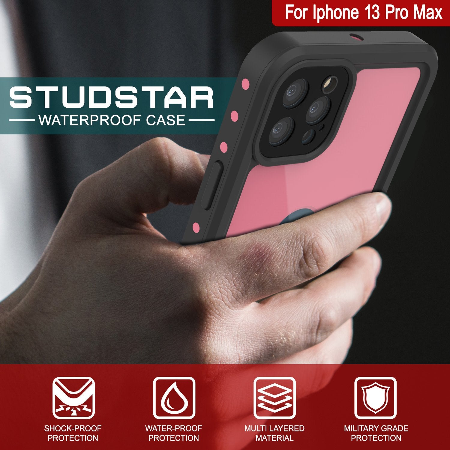 Capa à prova d'água IP68 para iPhone 13 Pro Max, Punkcase [Rosa] [Série StudStar] [Ajuste Slim] [À prova de sujeira]