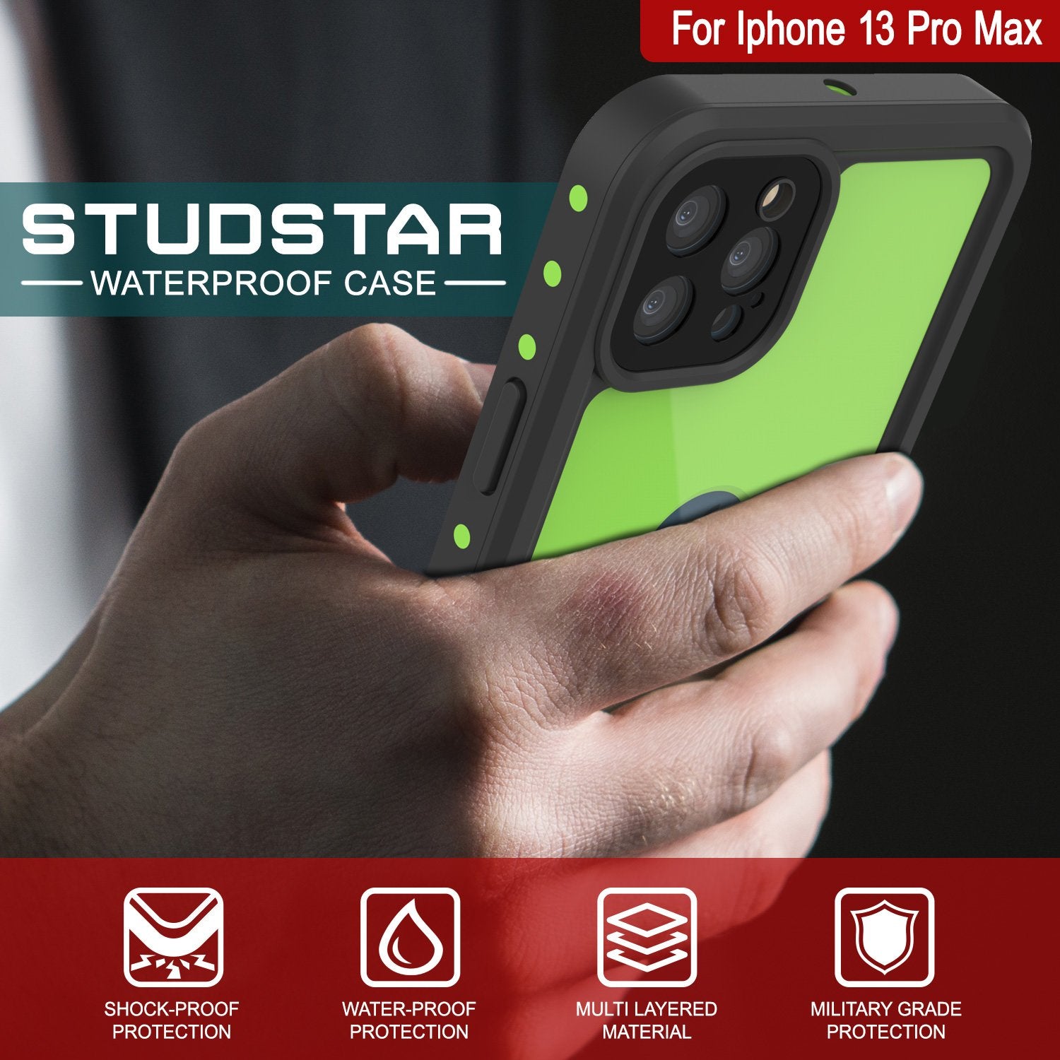 Capa à prova d'água IP68 para iPhone 13 Pro Max, Punkcase [Verde claro] [Série StudStar] [Ajuste fino] [Prova de sujeira]