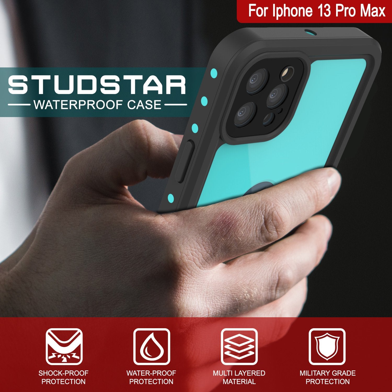 Capa à Prova d'Água IP68 para iPhone 13 Pro Max, Punkcase [Teal] [Série StudStar] [Ajuste Slim]