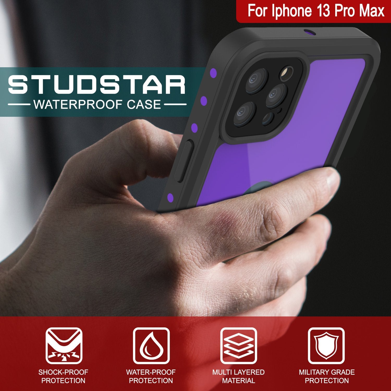 Capa à prova d'água IP68 para iPhone 13 Pro Max, Punkcase [Roxa] [Série StudStar] [Ajuste fino] [À prova de sujeira]