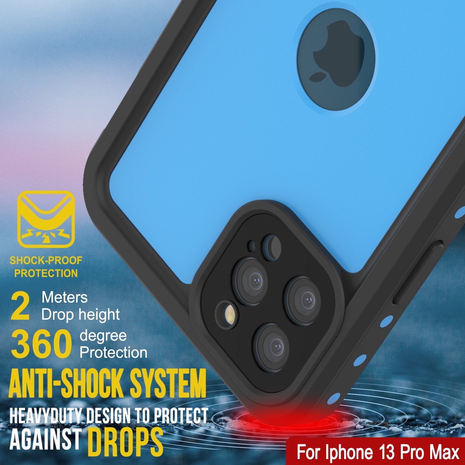 Capa à Prova d'Água IP68 para iPhone 13 Pro Max, Punkcase [Azul Claro] [Série StudStar] [Ajuste Fino] [À Prova de Sujeira]